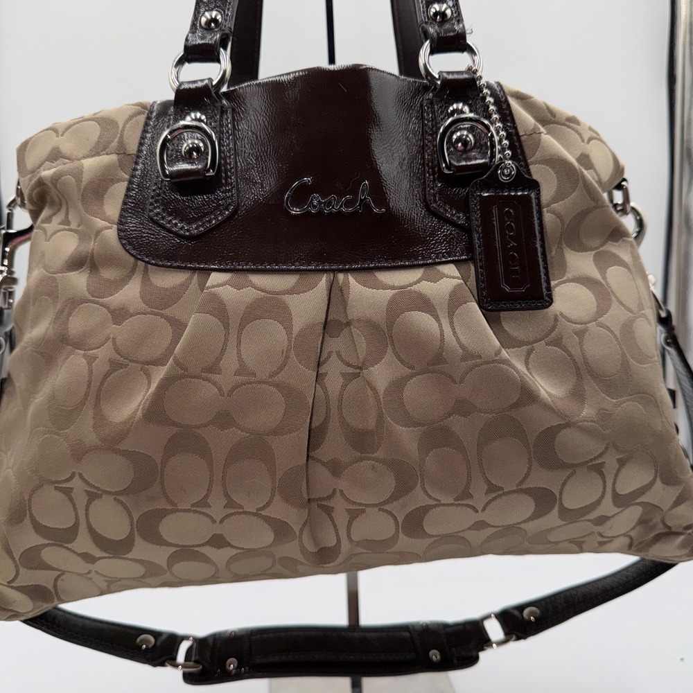 Coach Khaki Signature Dome Satchel with Dark Brown Leather Trim